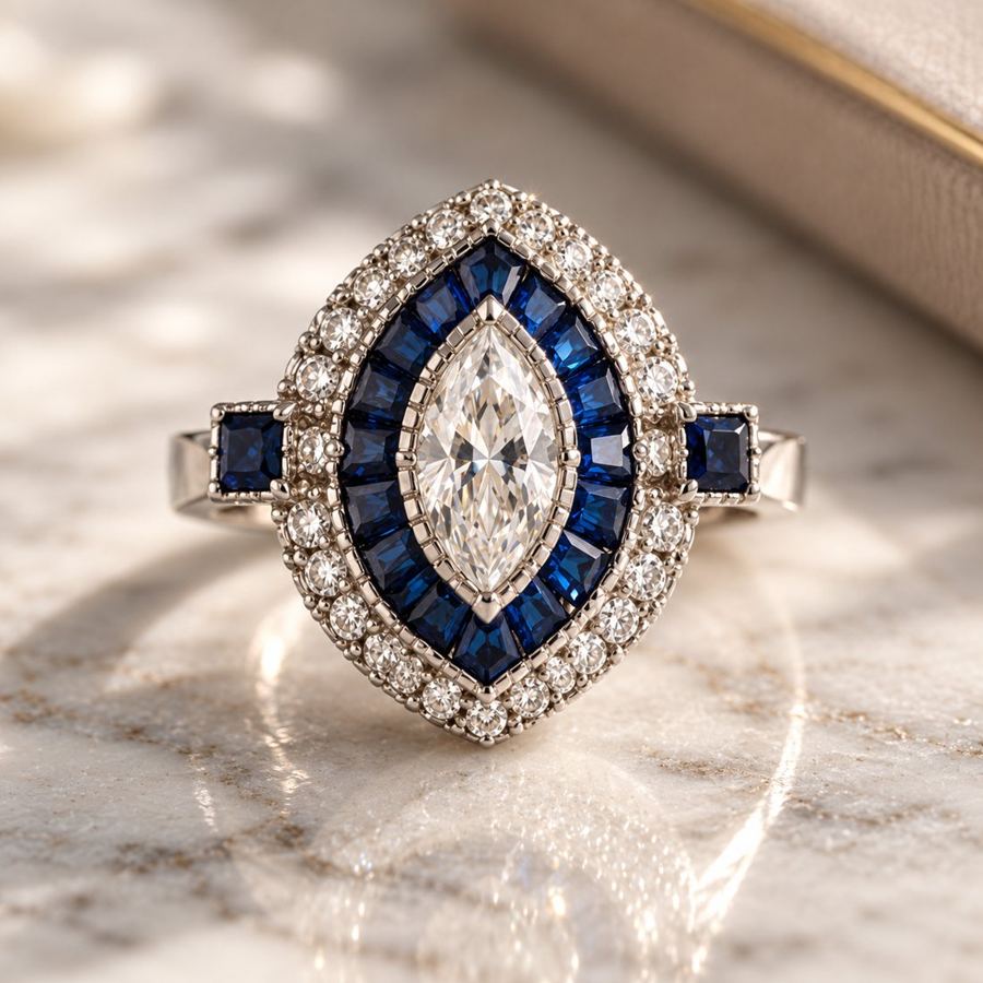Anillo art déco con piedra central y zafiros