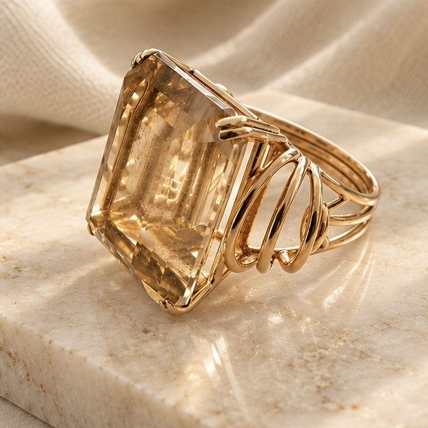 Anillo art déco de oro con topacio champagne fumé talla esmeralda