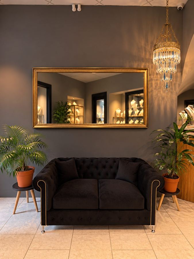 Sala de espera del local con sillón negro y espejo dorado