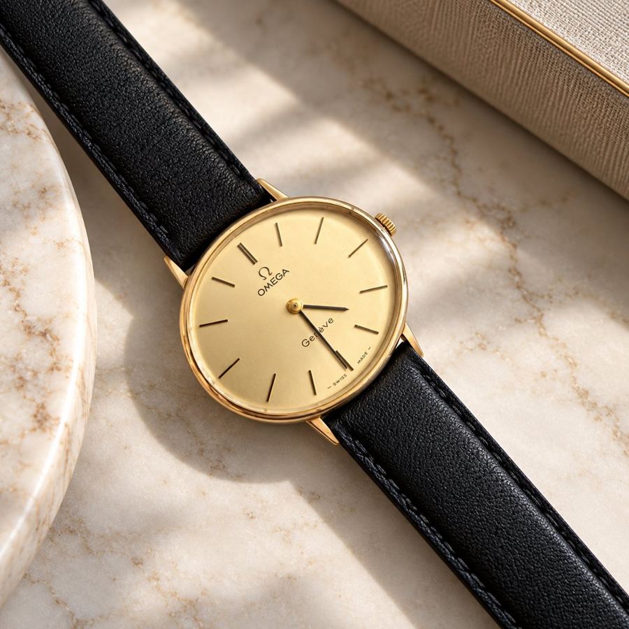 Reloj Omega vintage con malla de cuero negro
