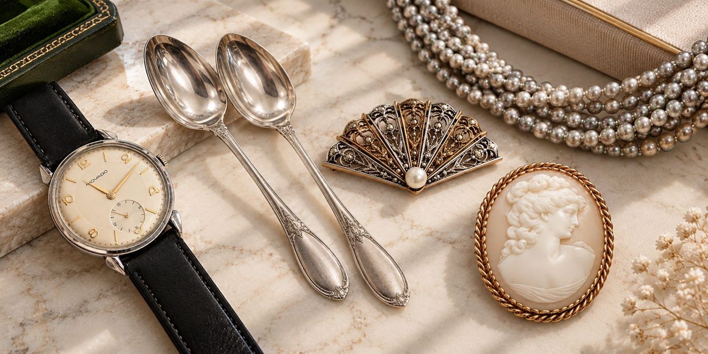 Reloj Movado, cucharitas de plata, broche abanico, camafeo y collar de perlas sobre mármol