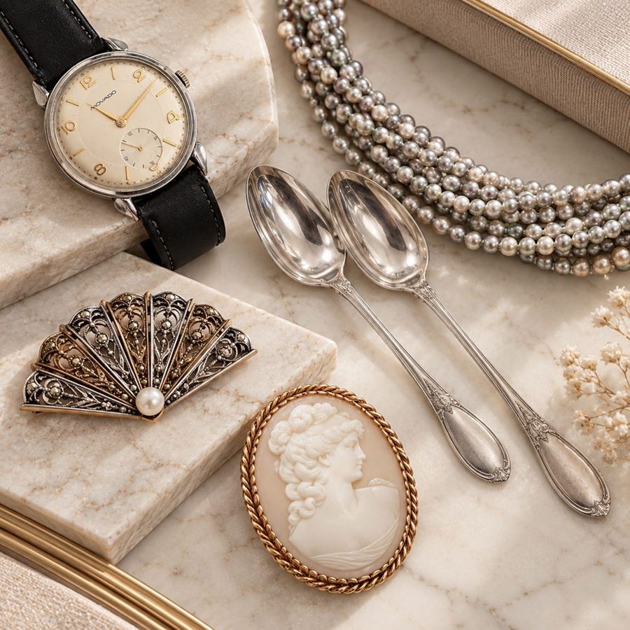 Reloj Movado, cucharitas de plata, broche abanico, camafeo y collar de perlas sobre mármol